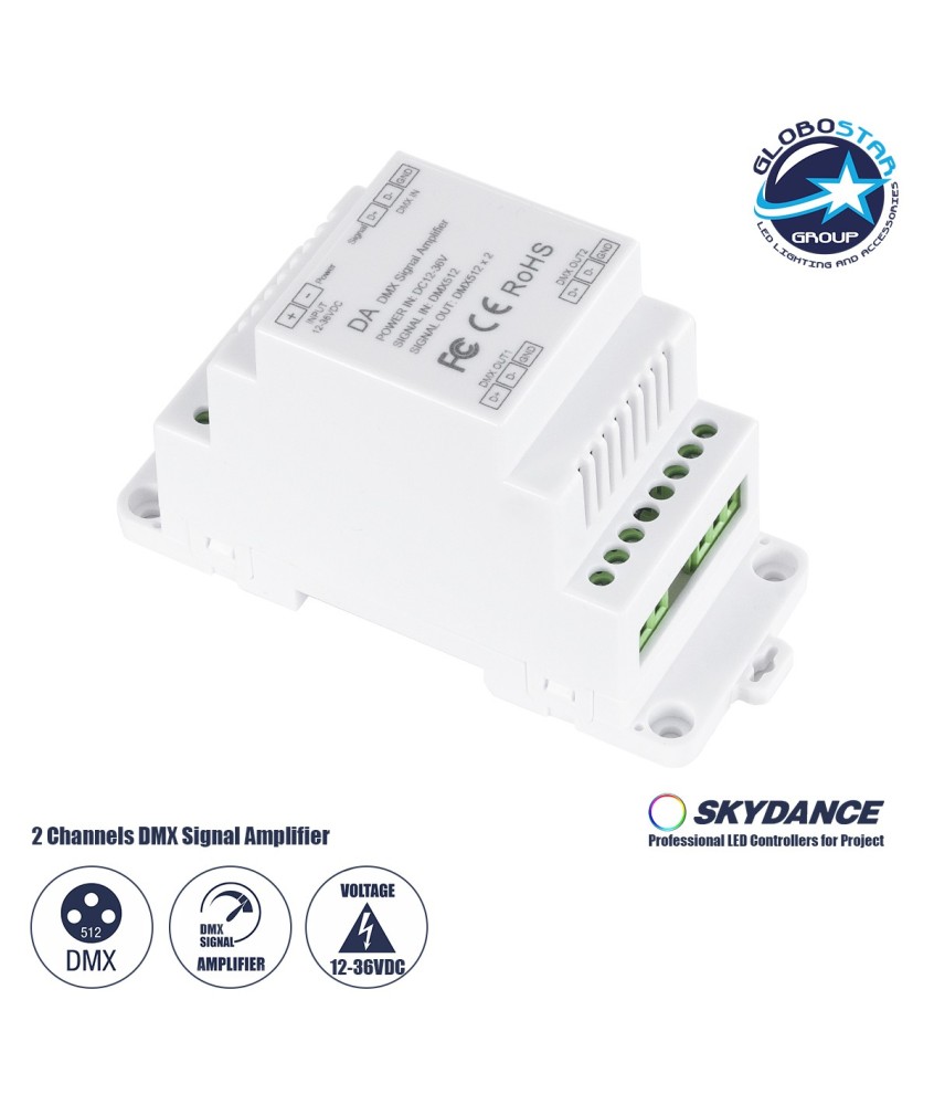 GloboStar® 73137 DA SKYDANCE DC DMX512 Signal Amplifier Din Rail Ράγας 2 Καναλιών DC 12-48V - IP20  Μ11.5 x Π5 x Υ6.5cm - 5 Χρόνια Εγγύηση